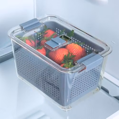 OHS Airtight Plastic Fridge Storage Container with Removable Basket and Lid, Grey/Transparent