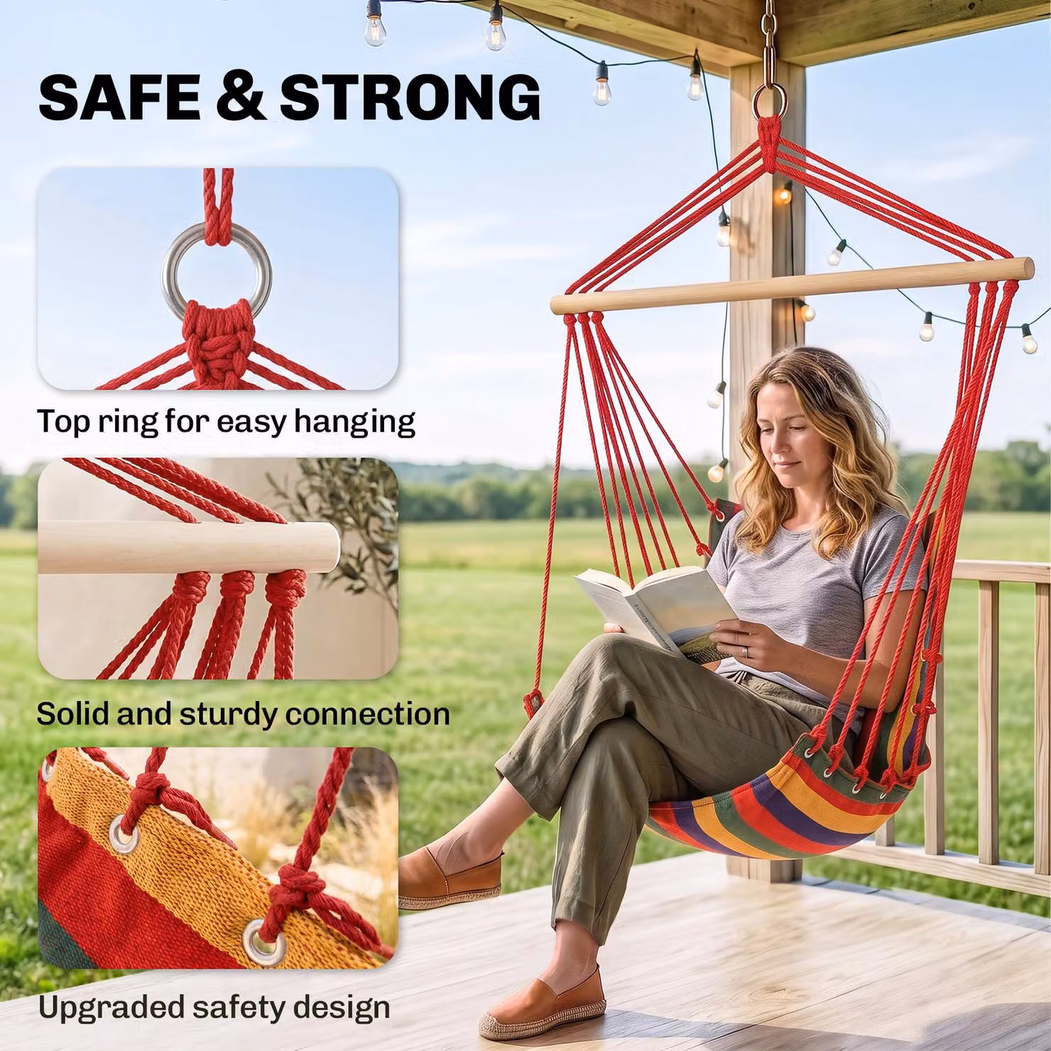 Outsunny Multicolour Striped Boho Fabric Hammock Chair Swing for Indoor and Outdoor Use – 4