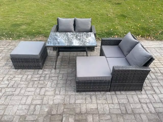 Fimous 6 Seater Wicker PE Rattan Garden Dining Set in Dark Grey with Rectangular Dining Table, Double Seat Sofa and 2 Footstools
