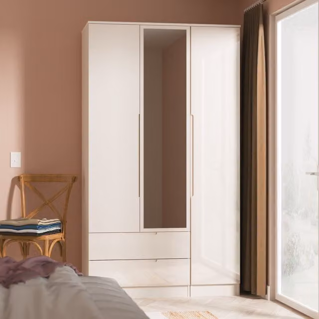 2 U Lucca Ready Assembled Triple Mirror Wardrobe with 2 Integrated Drawers in Taupe