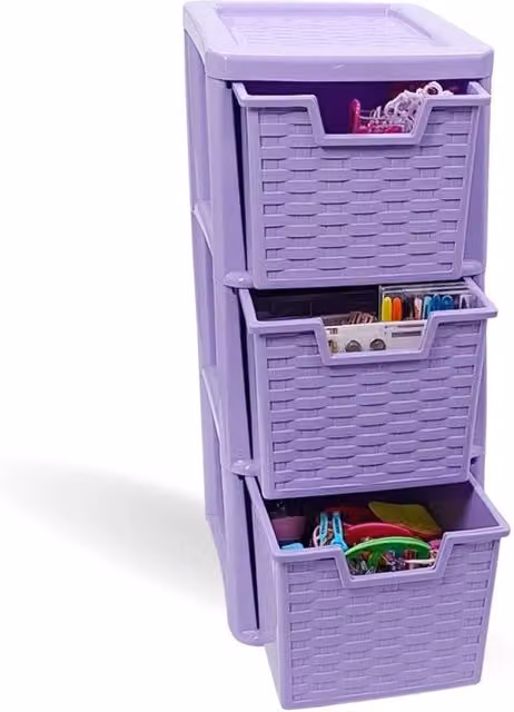SPETLEK Medium Purple Rattan Style 3 Tier Plastic Drawer Organiser