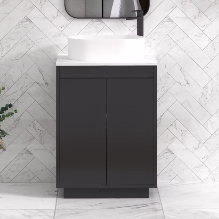 Royal Bathrooms Orion 600mm Matt Obsidian Black Floor Standing 2 Door Vanity Unit with Peak Basin and Black Accent Trim