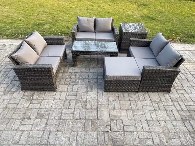 Fimous Rattan Wicker Garden Furniture Set in Dark Grey with 2 Seater Sofa, Coffee Table and Ottoman