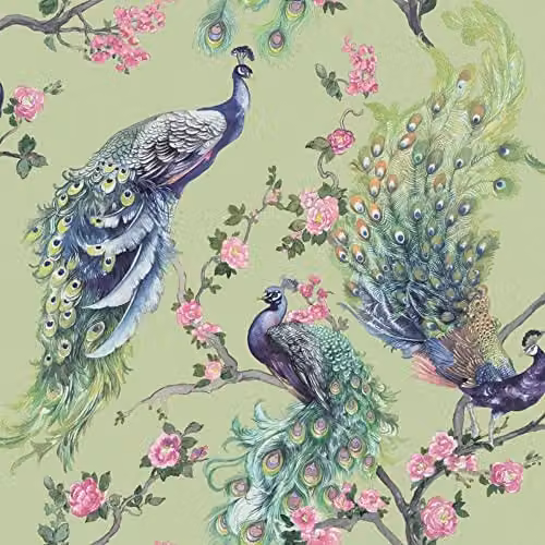Holden Decor Menali Green Vinyl Wallpaper with Glitter Peacock Feather Floral Design