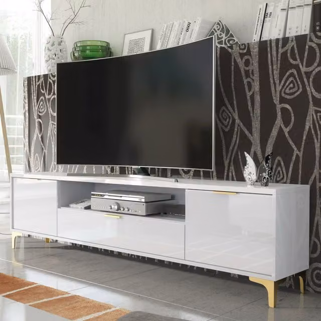 Mex Furniture LTD Lux High Gloss TV Unit in White and Gold, W: 200 cm, H: 50 cm, D: 35 cm