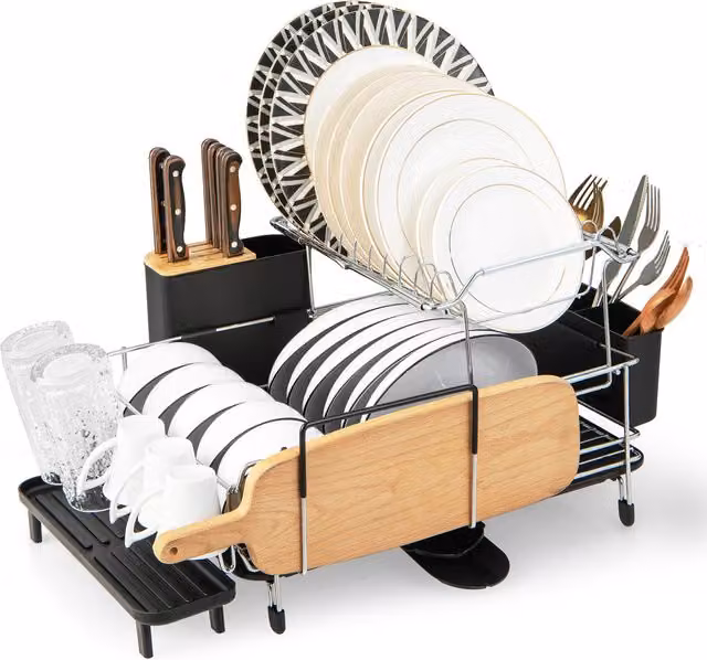COSTWAY 2-Tier Detachable Black Metal Dish Rack with Drip Tray