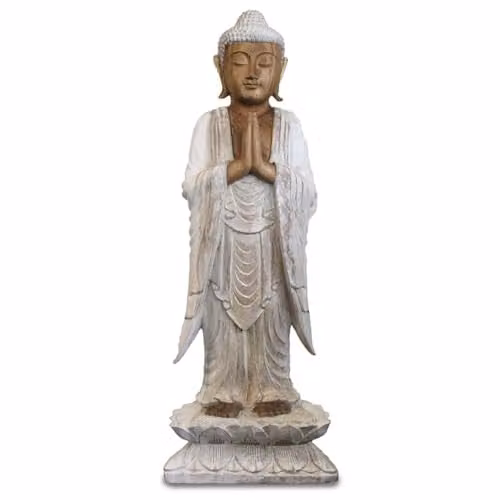 Ancient Wisdom Standing Buddha Statue in White Wood, Height: 100 cm