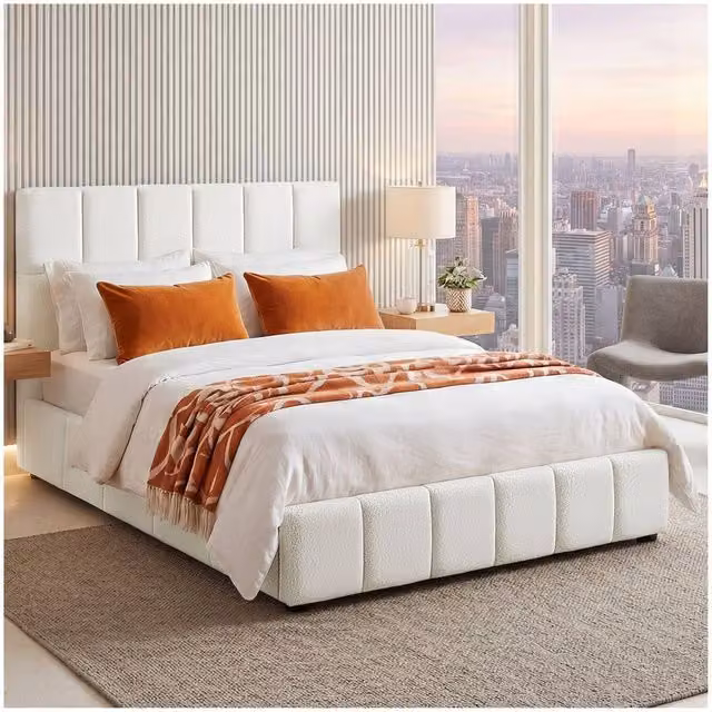 tectake Shirley Upholstered Bed with Slatted Frame and Lift-Up Base, Cream/Beige, W/D/H: 140 x 200 cm – 1