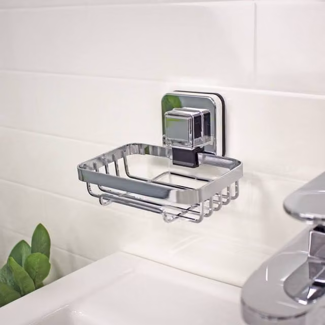 Showerdrape Pushloc Chrome Stainless Steel Suction Wall Mounted Soap Basket with Mounting Squares in Silver