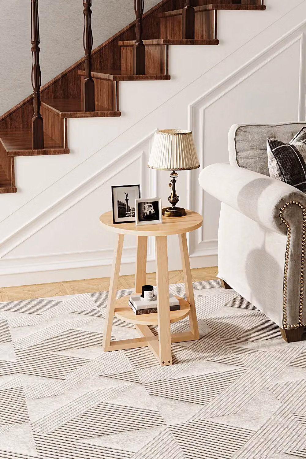 Living and Home 2-Tier Round Wooden Coffee Side Table in Natural Brown, W/D/H: 40 x 40 x 50 cm – 3