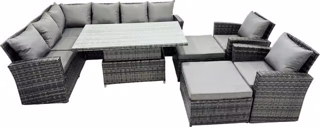 Fimous Poly Rattan L-Shape Corner Sofa Set in Dark Grey Mixed with Adjustable Lifting Table, 2 Stools and 2 Chairs