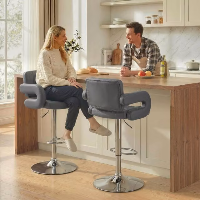 HOMCOM Set of 2 Grey Adjustable Swivel Bar Stools with Armrests