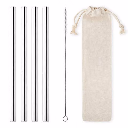 UltraByEasyPeasyStore 8 Pack of Silver Stainless Steel Straight Metal Straws with Travel Pouch and Cleaning Brush, 12mm Wide – 1