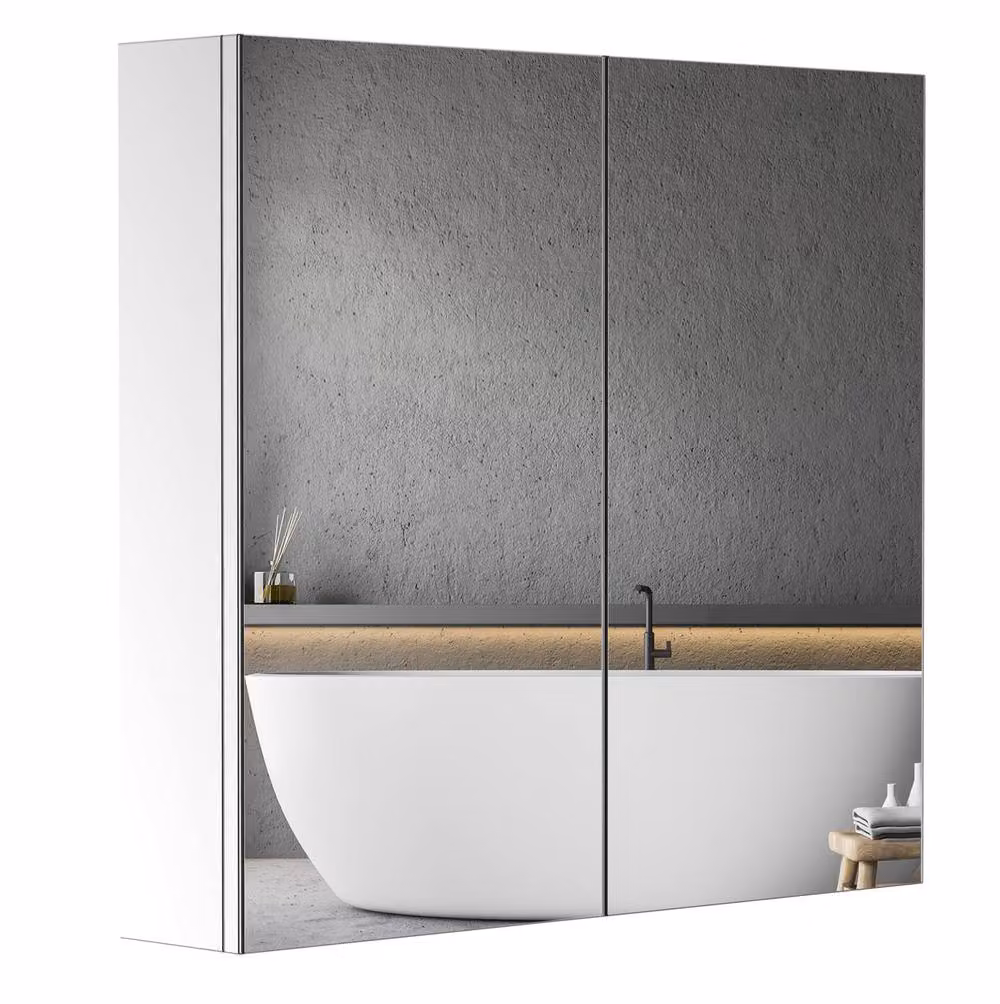 STILVORA Modern Silver Mirror Cabinet with Double Hinged Glass Doors and LED Lighting, Width: 60 cm – 3