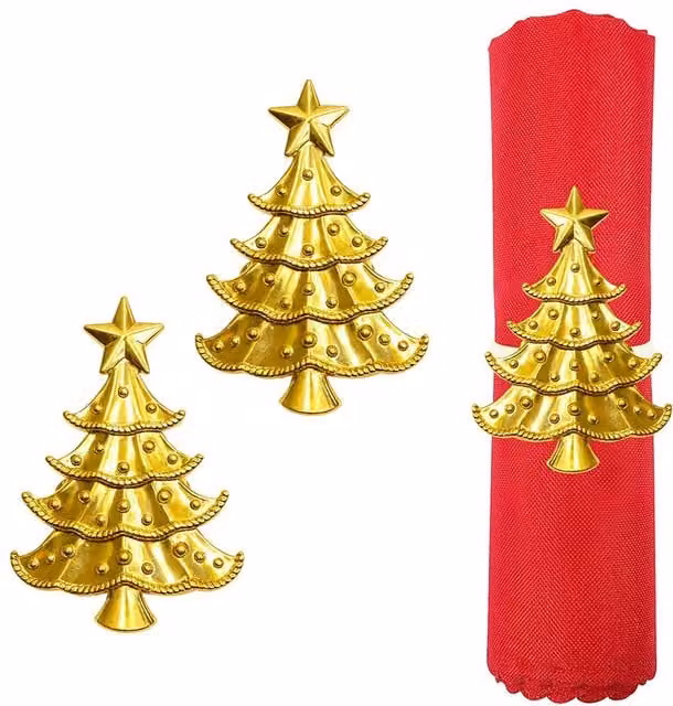 Neel Blue Gold Star-Topped Christmas Tree Napkin Rings, 6-Piece Metal Set