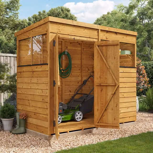 BillyOh Switch Overlap Pent Wooden Garden Shed with Window and Double Doors in Brown, W: 243.84 cm, D: 121.92 cm, H: 182.88 cm