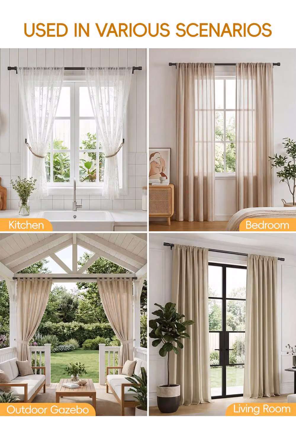 Living and Home Glossy Black Metal Telescopic Curtain Rod with Brackets, Width: 70 cm - 120 cm – 4