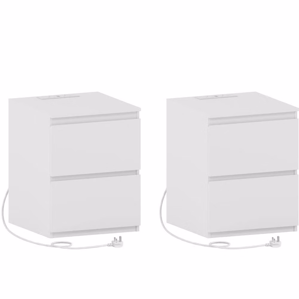 Vida Designs Denver 2 Drawer Large Bedside Chest with Power Outlet, Set of 2, White – 2
