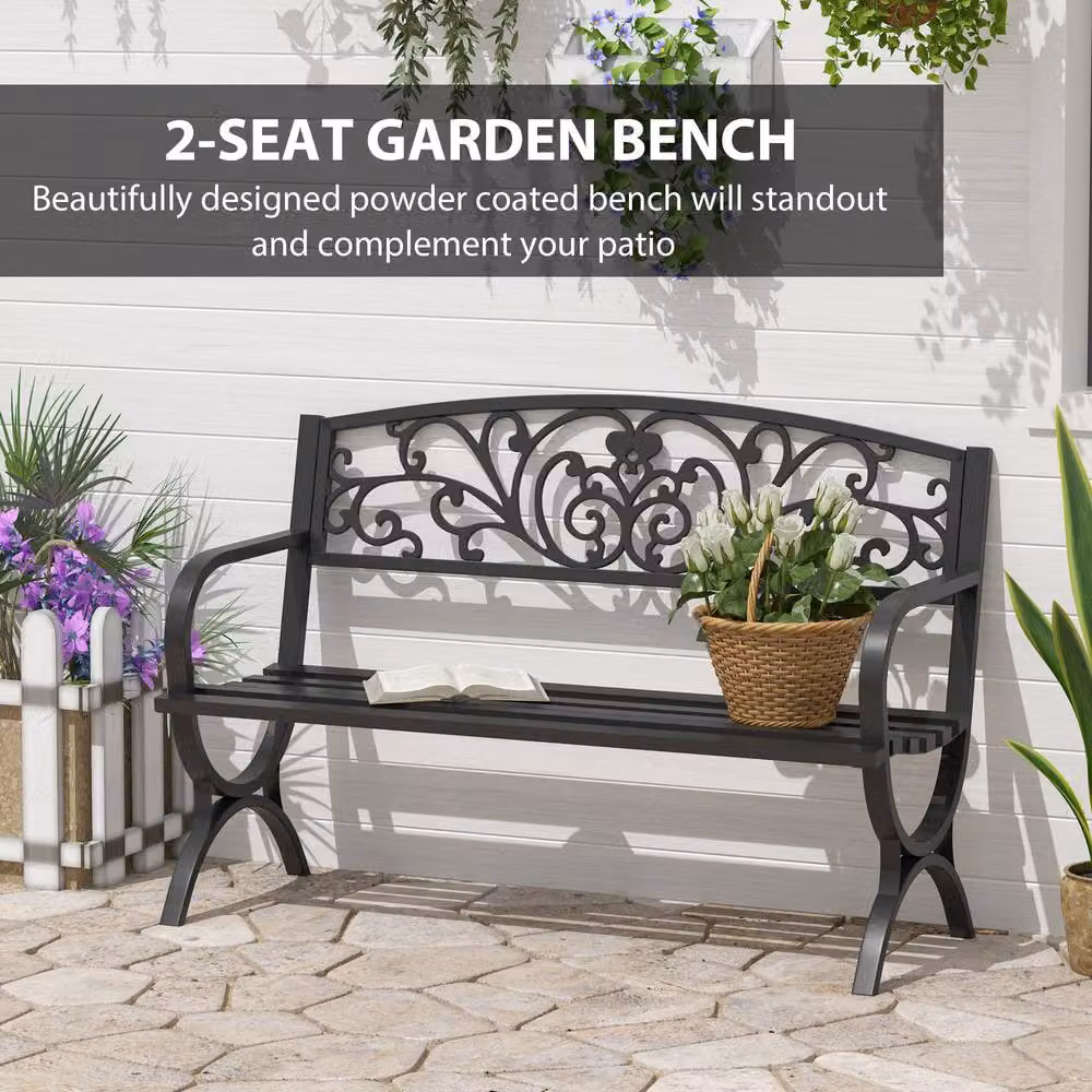 OUTSUNNY 2 Seater Vintage Metal Garden Bench in Matt Black with Floral Detail – 3