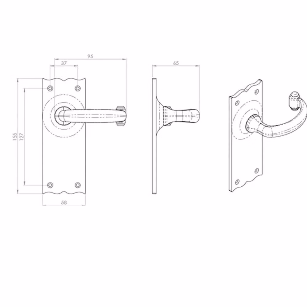 Loops Pair Forged Curved Lever Handles on Latch Backplate, Black Antique, W: 15.5 cm, H: 5.4 cm – 2