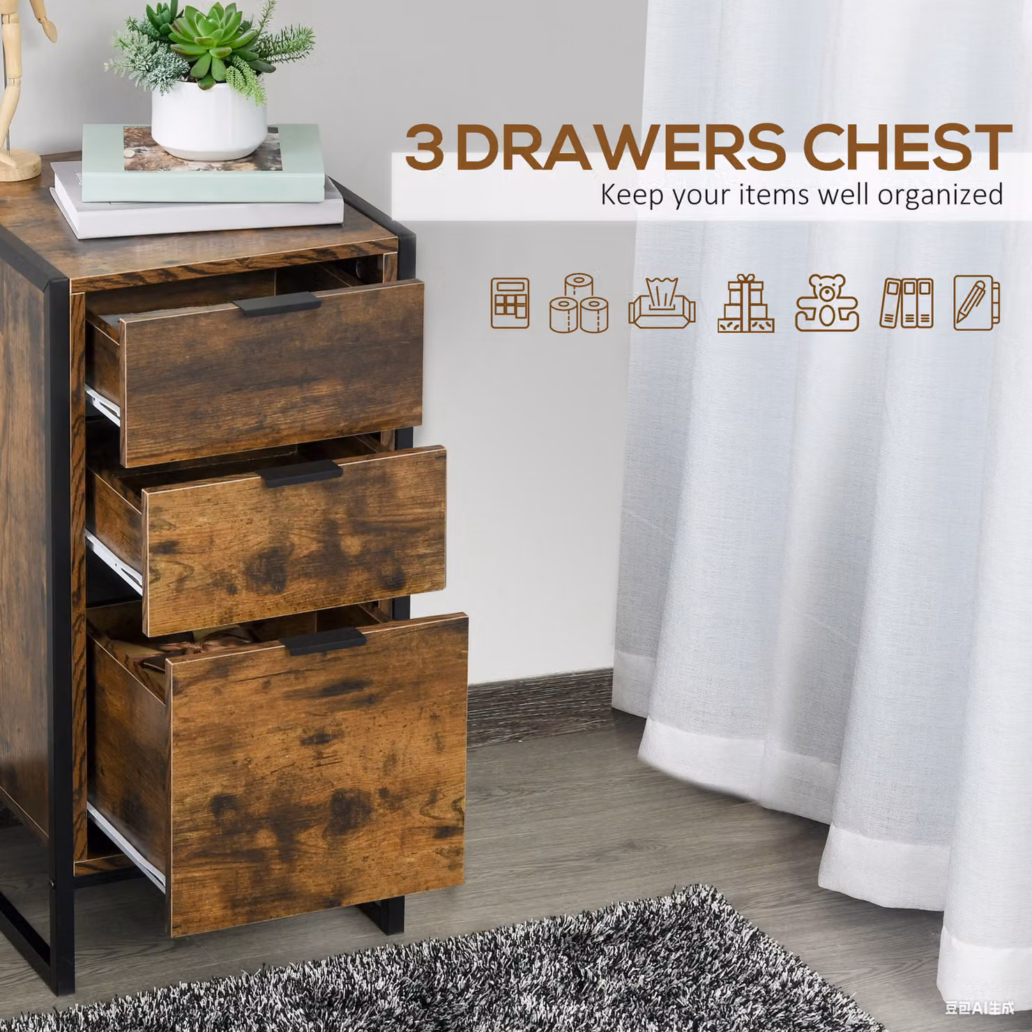 HOMCOM Industrial 3-Drawer Metal Storage Trunk and Freestanding Organiser in Rustic Brown – 5