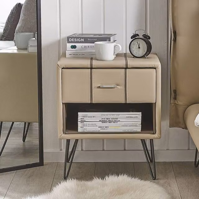 Wyld and Coco Beige Faux Leather Bedside Table with Hairpin Legs – 1