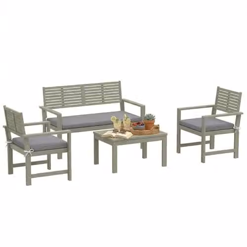 Outsunny 4 Seater Acacia Wood Garden Furniture Set with Grey Cushions