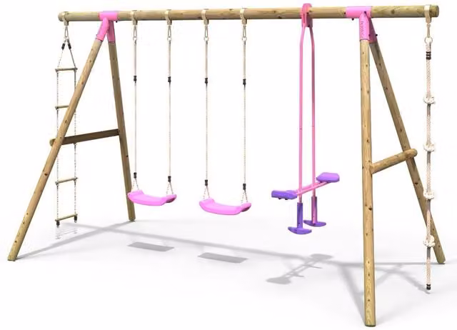 Rebo Saturn Wooden Triple Swing Set with Glider in Pink