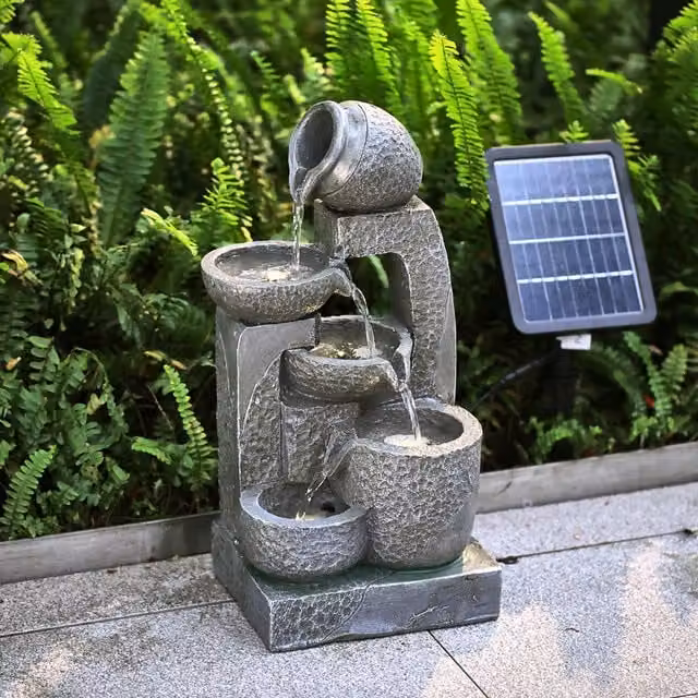 Livingandhome Rock Effect Jar and Bowl LED Solar Water Feature, Grey, Height: 22 cm