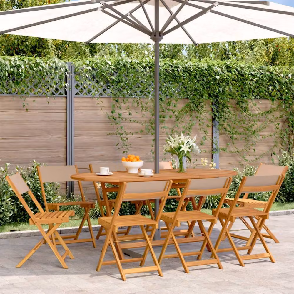 Berkfield Home Beautiful Folding Garden Chairs, 8 Piece Set in Taupe Fabric and Oiled Acacia Wood – 2