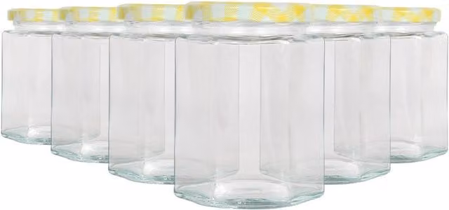 Argon Tableware Hexagonal Glass Jam Jars with Yellow Gingham Checked Screw-Top Metal Lids, 250ml, Pack of 6