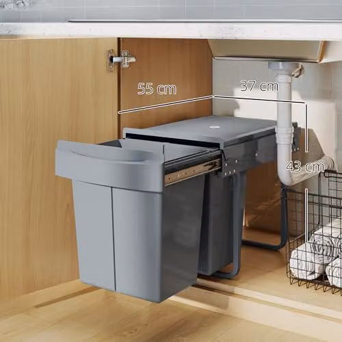 HOMCOM Grey Pull Out Kitchen Under Sink Bin with Soft-Close Mechanism and Removable Inner Bucket, 40L – 7