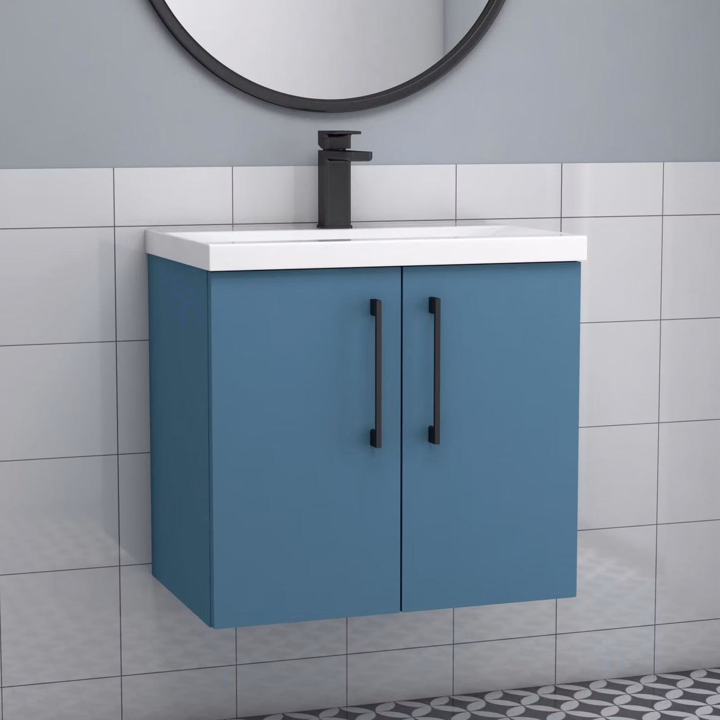 Royal Bathrooms Modena 800mm Wall Hung Vanity Unit in Satin Blue with Mid-Edge Basin and Black Handles