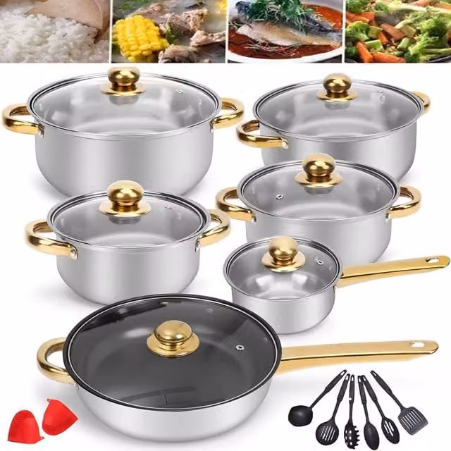 SPETLEK 20-Piece Non-Stick Stainless Steel Cookware Set with Silicone Details in Metallic Silver and Black – 1