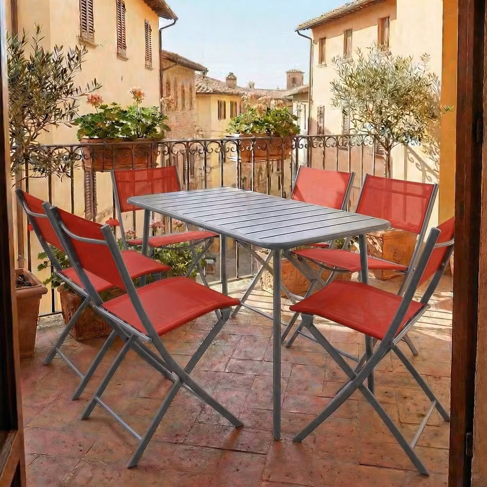 VCM Sumila 6-piece Red Metal Folding Garden Chair Set – 2