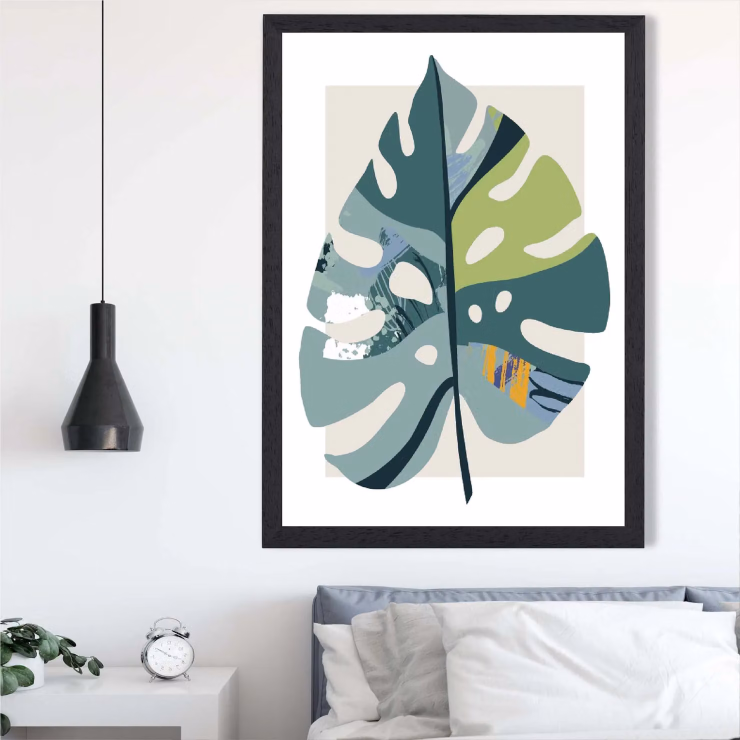 ARTZE Monstera Leaf Mid Century Modern Botanical Framed Print in Petrol, Green and Black – 2