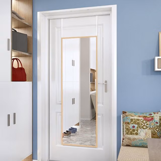 Livingandhome Rectangular Minimalist Over-Door Mirror in Gold with Adhesive Hooks