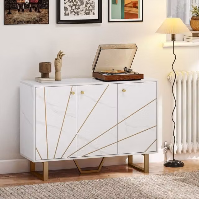 HOMCOM White and Gold Geometric Sideboard Storage Cupboard with Metal Legs for your Living Room or Kitchen