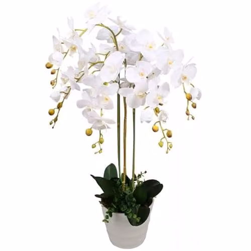 Leaf Design UK White Artificial Deluxe Orchid with Green Leaves in a White Pot, Height: 85 cm – 1