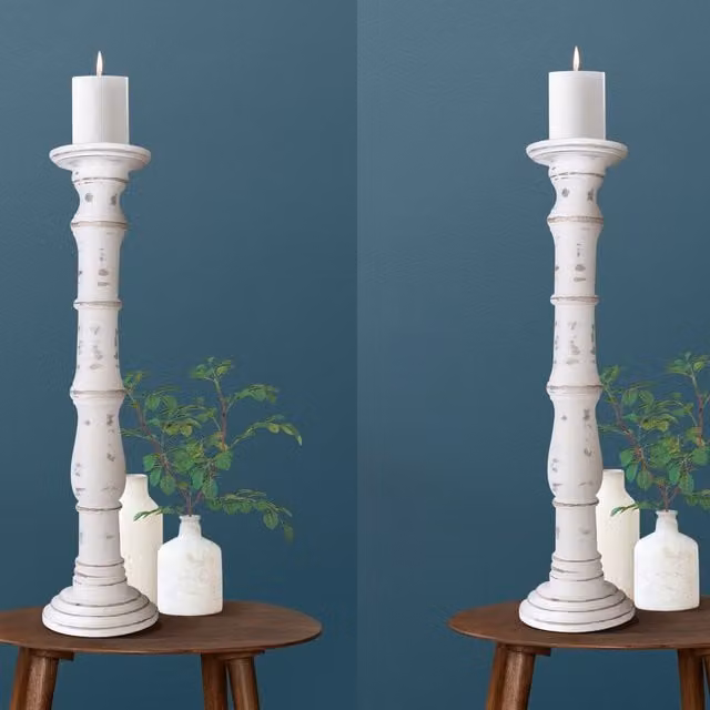Topfurnishing Set of 2 Rustic Antique Carved Wooden Pillar Church Candle Holders in White, W/D/H: 18 x 18 x 63 cm