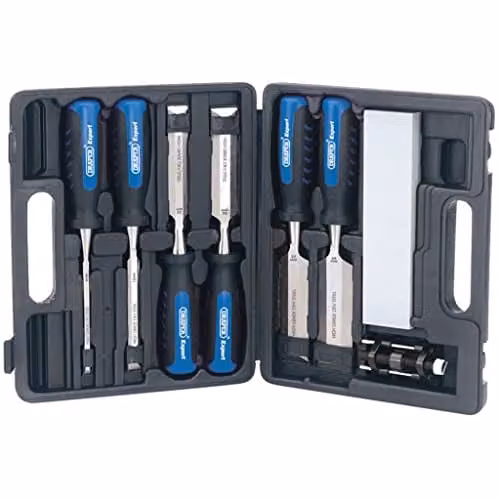 Draper Expert 8 Piece Wood Chisel Set with Chrome Vanadium Steel Blades and Honing Guide in Blue and Multicolour