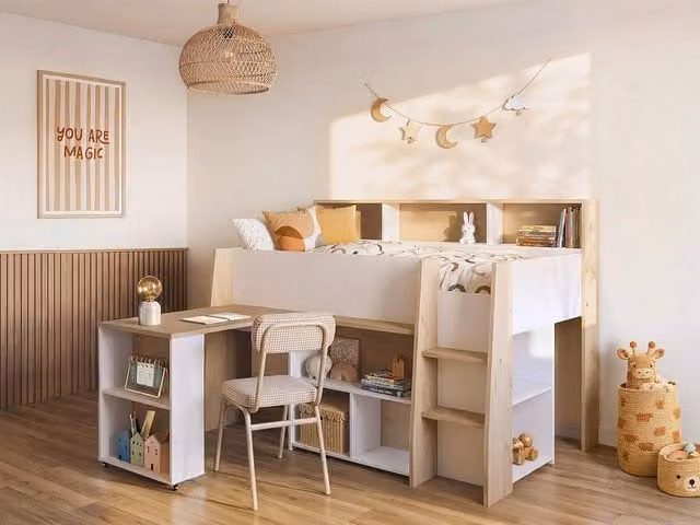 Vente-unique Scandinavian Single Combined Bed with Desk, Storage and Stairs in White – 1