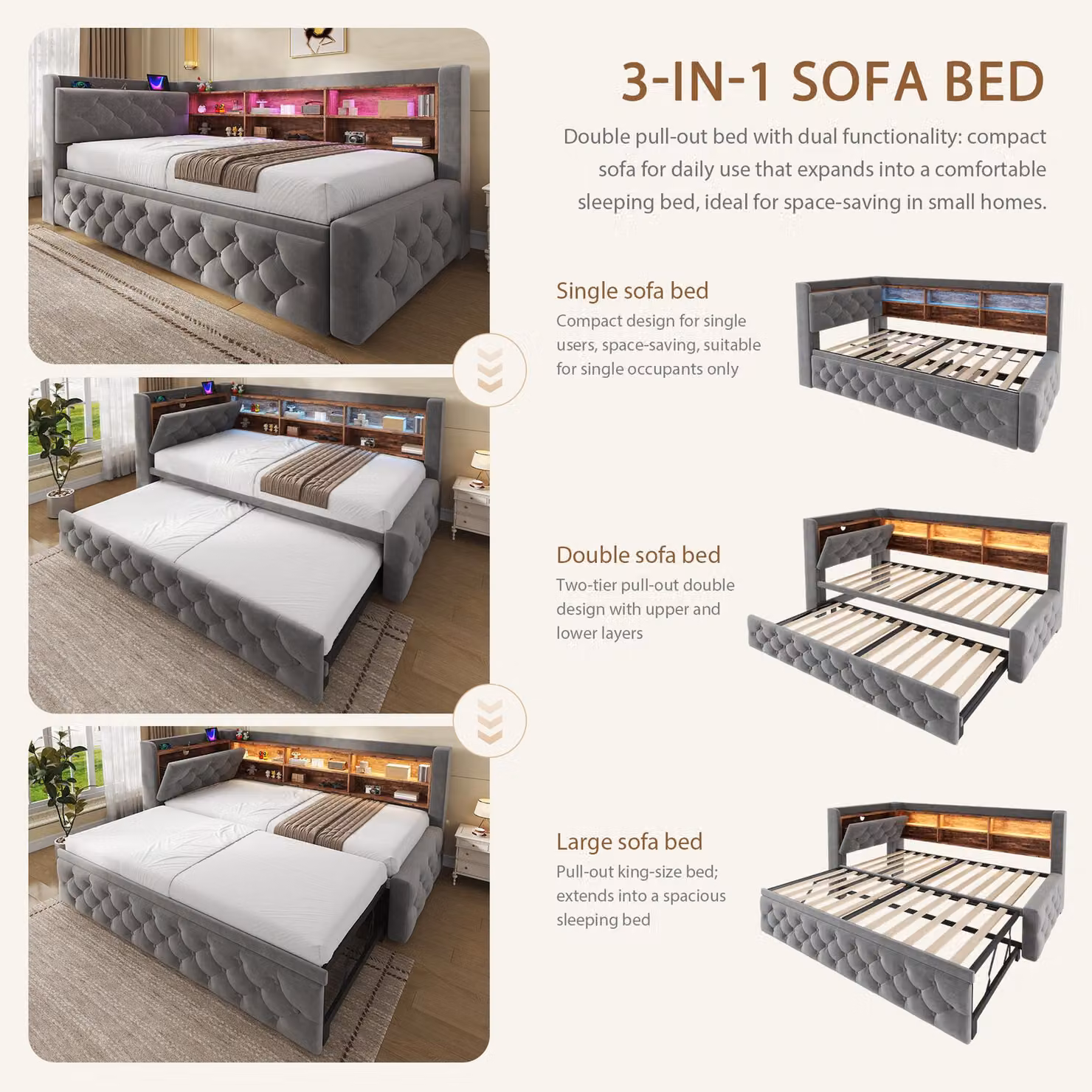Aosom UK Dark Grey Velvet Pull-Out Sofa Bed Frame with Wooden Headboard Shelf, LED Lighting and USB Charging, W/D/H: 211 x 91 x 84 cm – 4