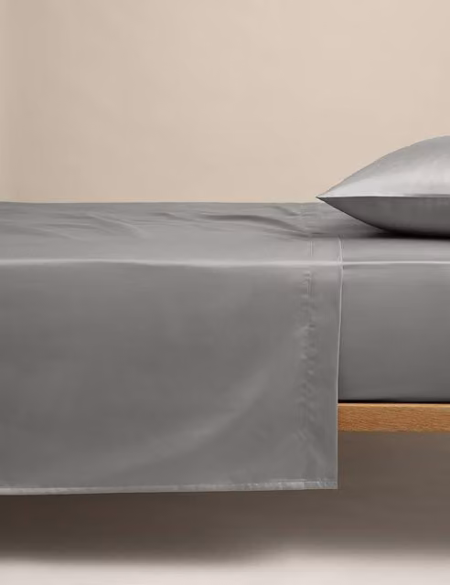 M&S Egyptian Cotton 400 Thread Count Mako Satin Silky Flat Sheet, Grey, W: 180 cm, L: 200 cm