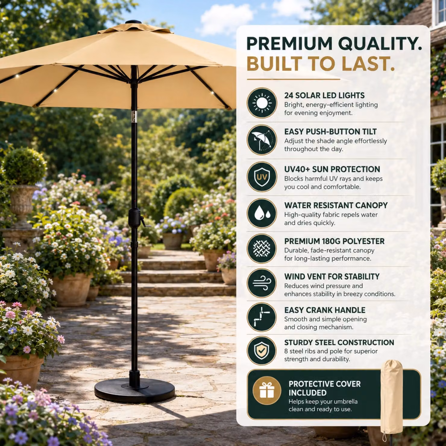 Glamhaus Khaki Solar Power LED Tilting Garden Umbrella with UPF 50+ Protection, W/D/H: 270 x 235 x 270 cm – 9