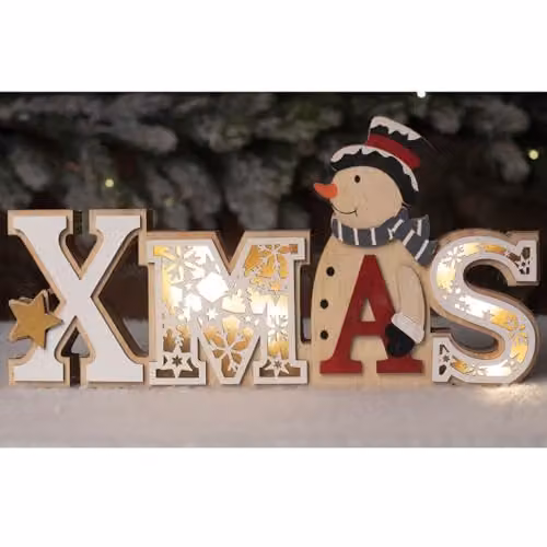 mysmartbuy Battery Powered Wooden LED Christmas Decoration with Snowman, Star and Snowflake Cut Out, Multicolour, H14.5 x W28.5 x D3 cm – 2