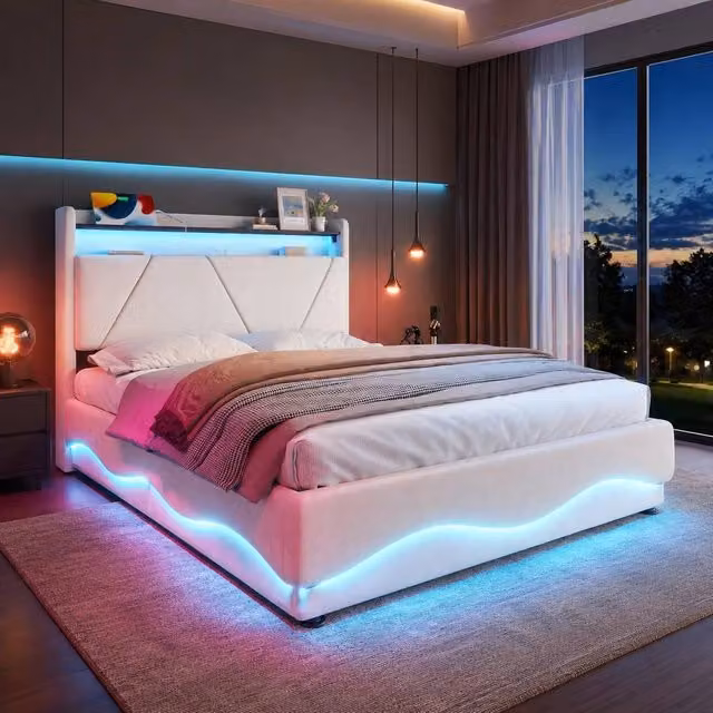 STILVORA Beige Velvet Upholstered King Size Bed with Lift-Up Storage, LED Lighting, USB Charging Port and Integrated Reading Light, W/D/H: 150 x 200 cm