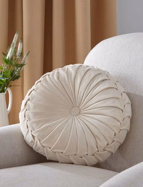 Laura Ashley Rosanna Round Pleated Velvet Cushion in White