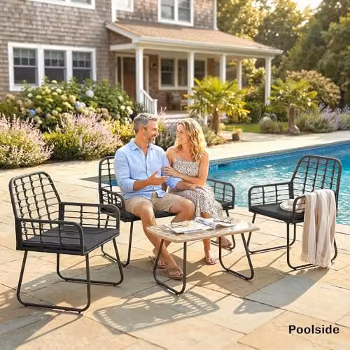 Outsunny 4 Piece Rattan Garden Furniture Set in Black with Upholstered Cushions and Powder Coated Steel Frame – 5