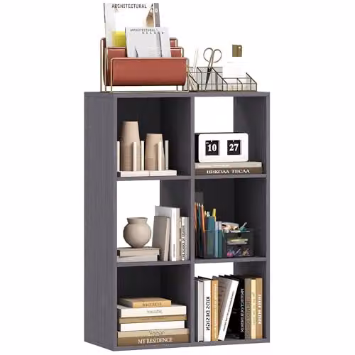 HOMCOM Modern 6-Cube Freestanding Bookshelf in Grey for Home or Office, W/D/H: 91.5 x 29.5 x 61.5 cm – 1